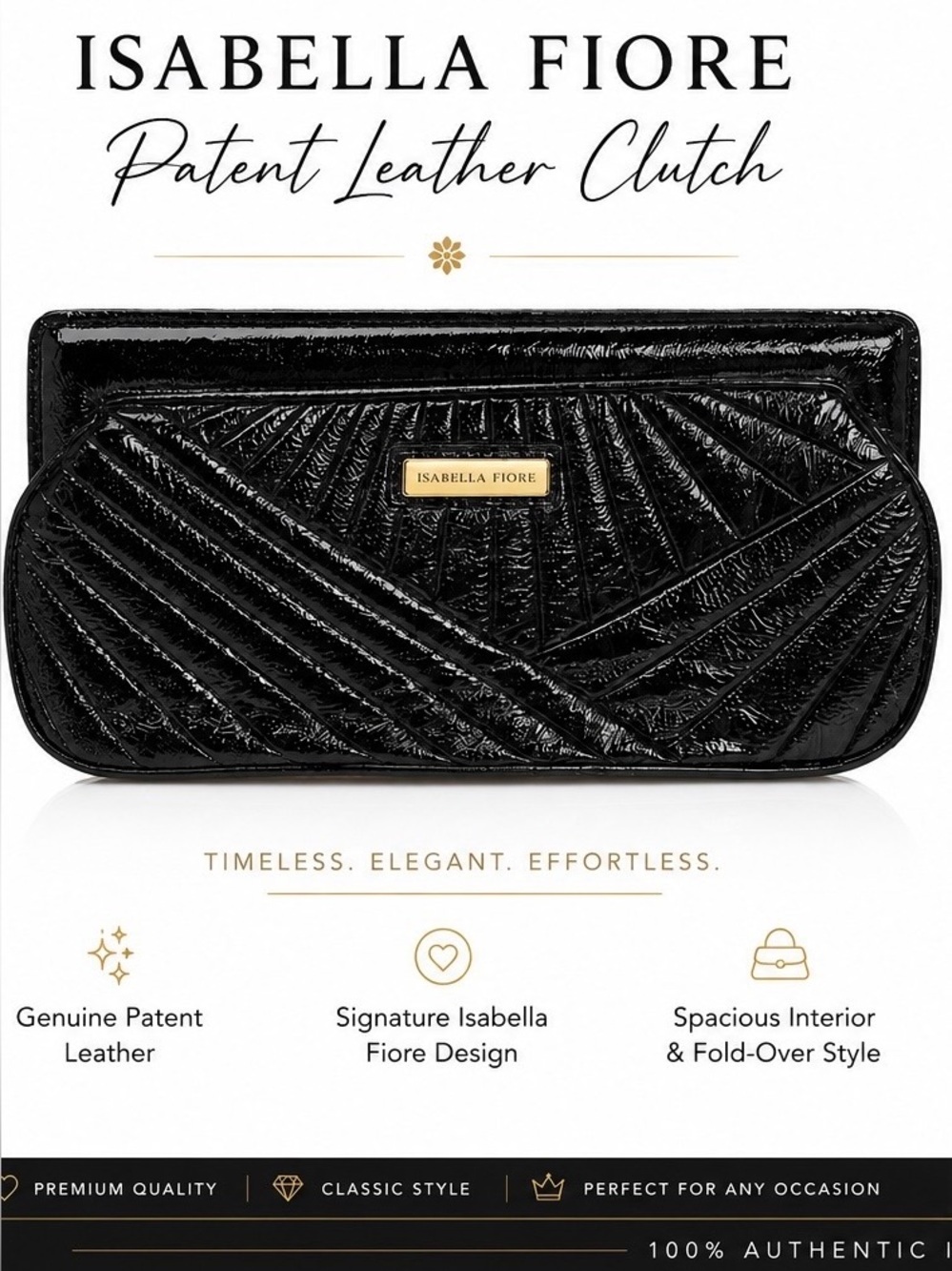 Isabella Fiore Black Quilted Patent Wristlet Clutch with Gold Plaque